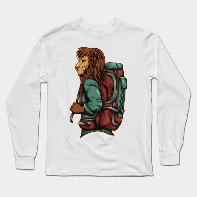 Backpacker Lion Long Sleeve T-Shirt by JagatKreasi